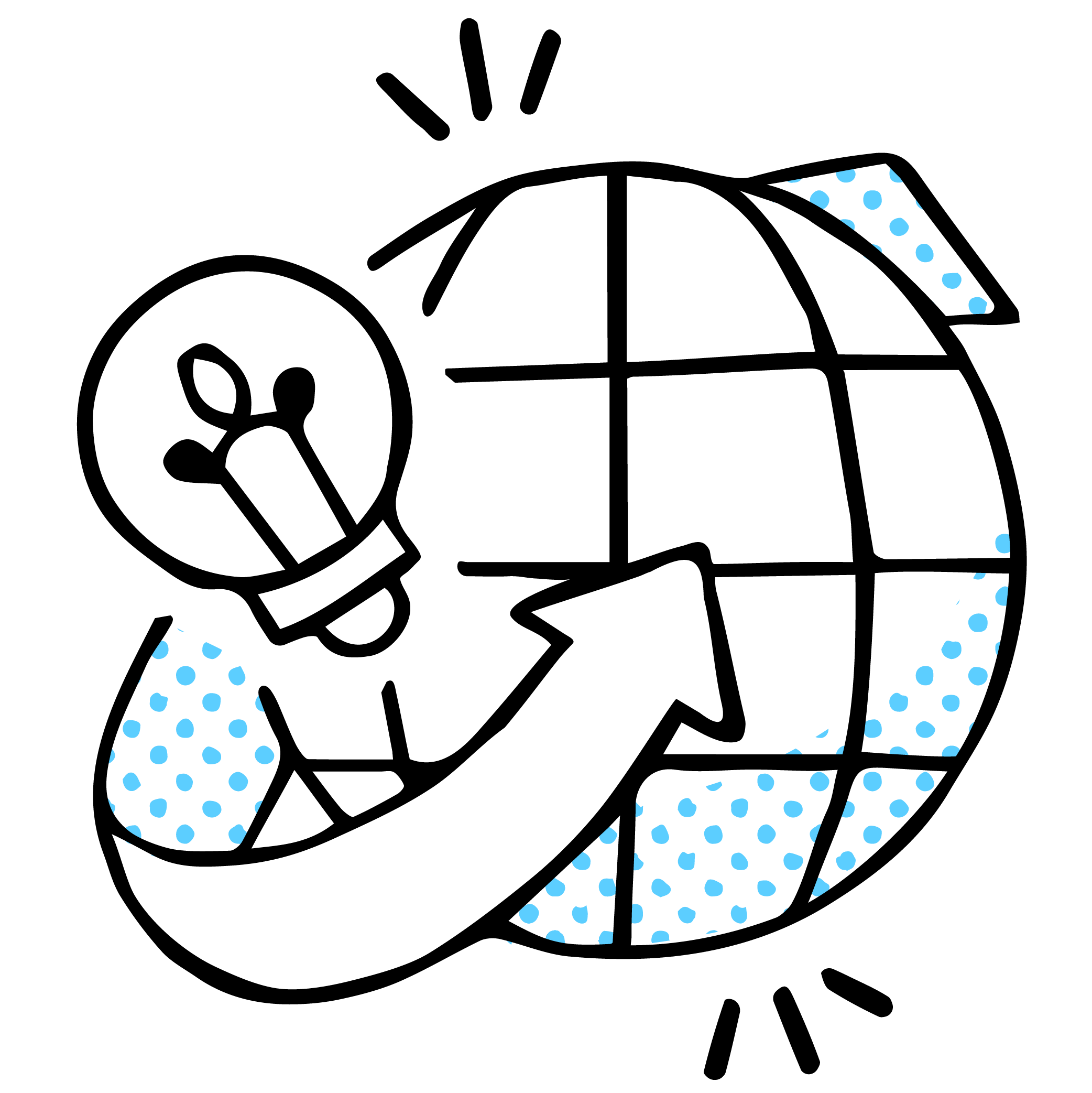 An abstract illustration of an arrow wrapped around a globe. A lightbulb is on the outside of the globe.