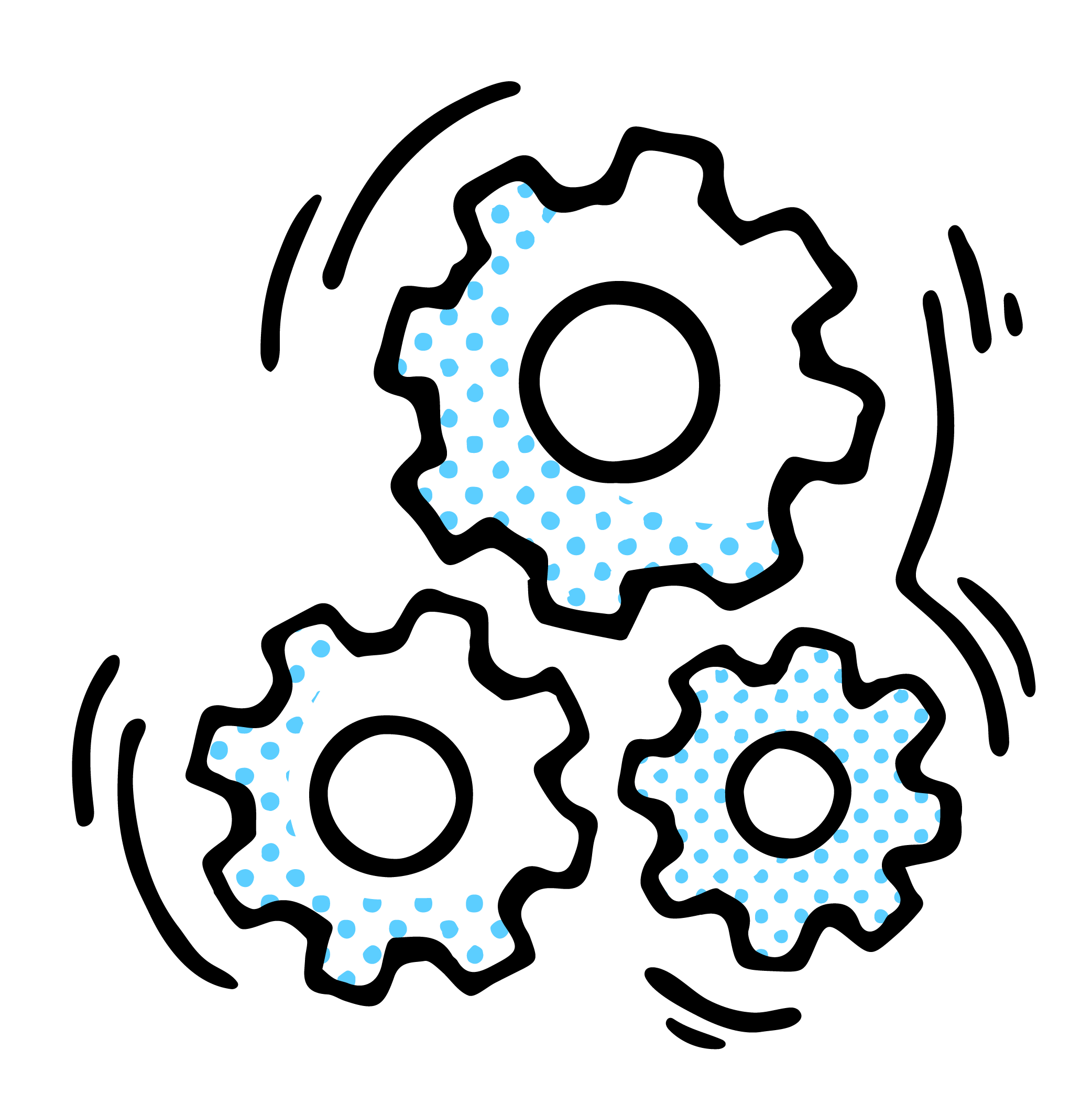 An illustration of three cogs with lines around them indicating motion.