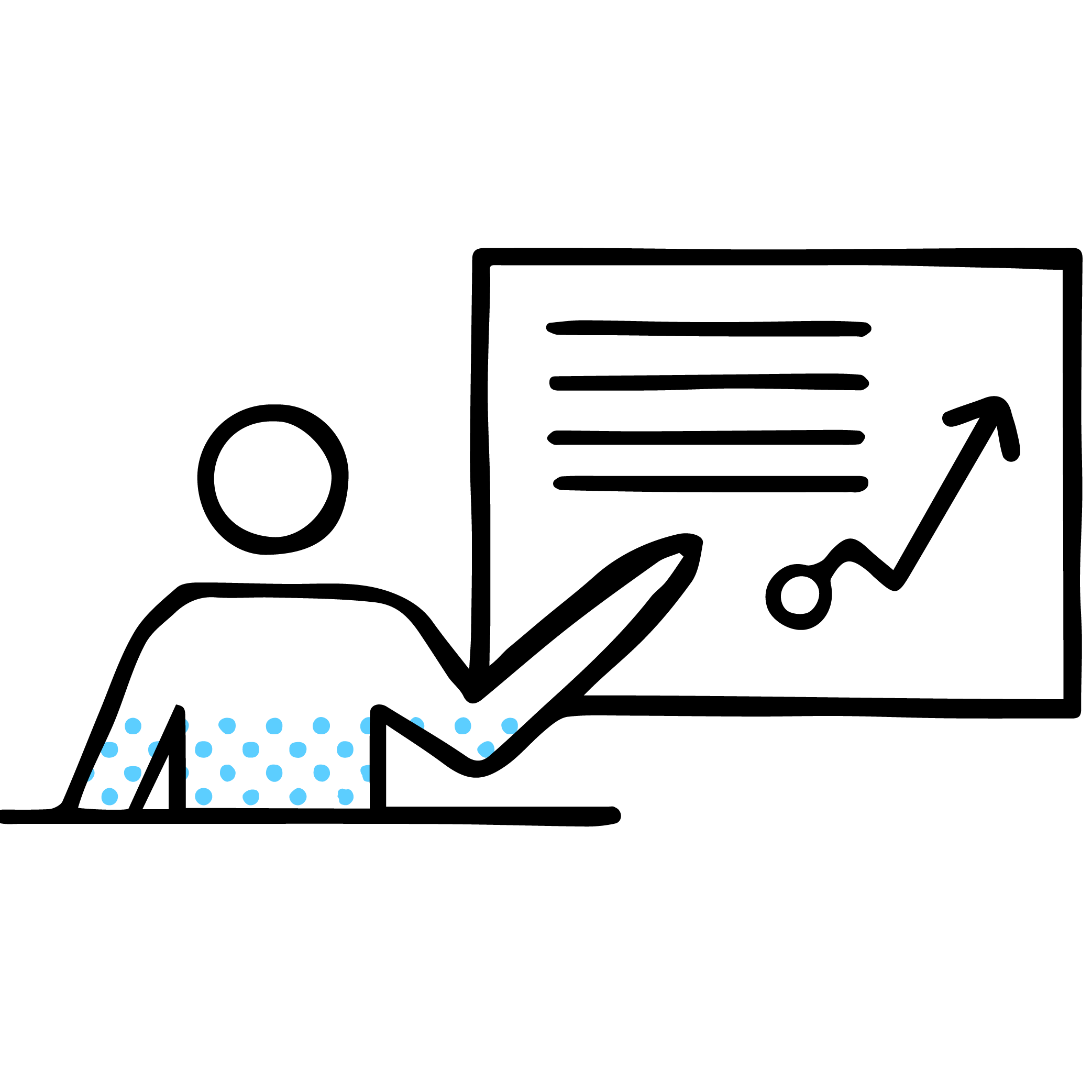 An abstract illustration of a person pointing at a display screen with lines and an arrow pointing upwards.