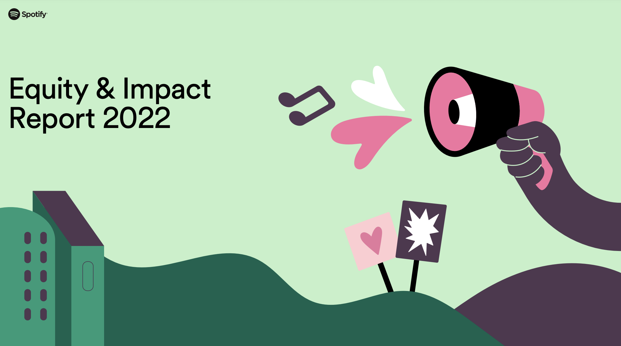 Image Description: A light green background. In the top right corner is the Spotify logo. Black text reads: Equity & Impact Report 2022. The rest of the picture shows abstract green and purple graphic illustrations of 2 buildings and rolling hills. T