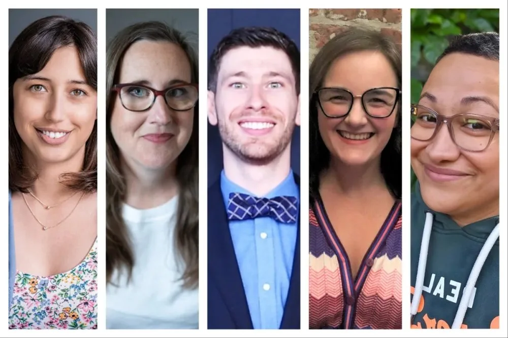 Headshot collage of Inevitable Foundation's 2024 Visionary Fellows, Monica Cecilia Lucas, Katherine Craft, Filipe Coutinho, Alys Murray, and Zayre Ferrer