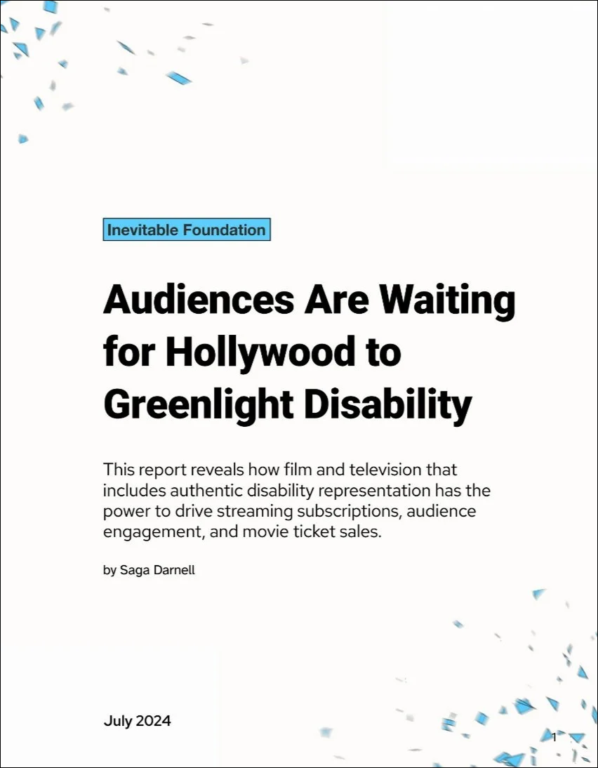 The cover of the Greenlight Disability report, with a background featuring blue confetti. There is black text and a blue Inevitable Foundation logo.
