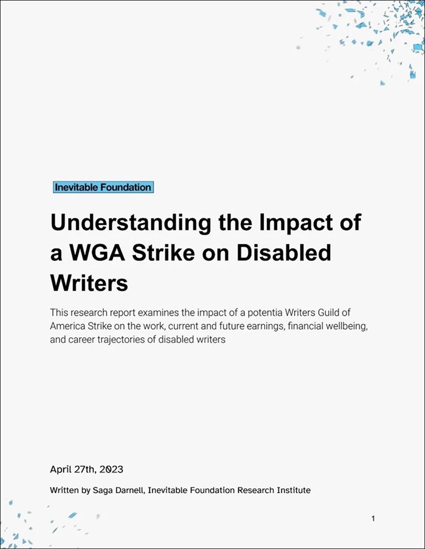 The cover of the 2023 WGA Strike Impact report, with a background featuring blue confetti. There is black text and a blue Inevitable Foundation logo.
