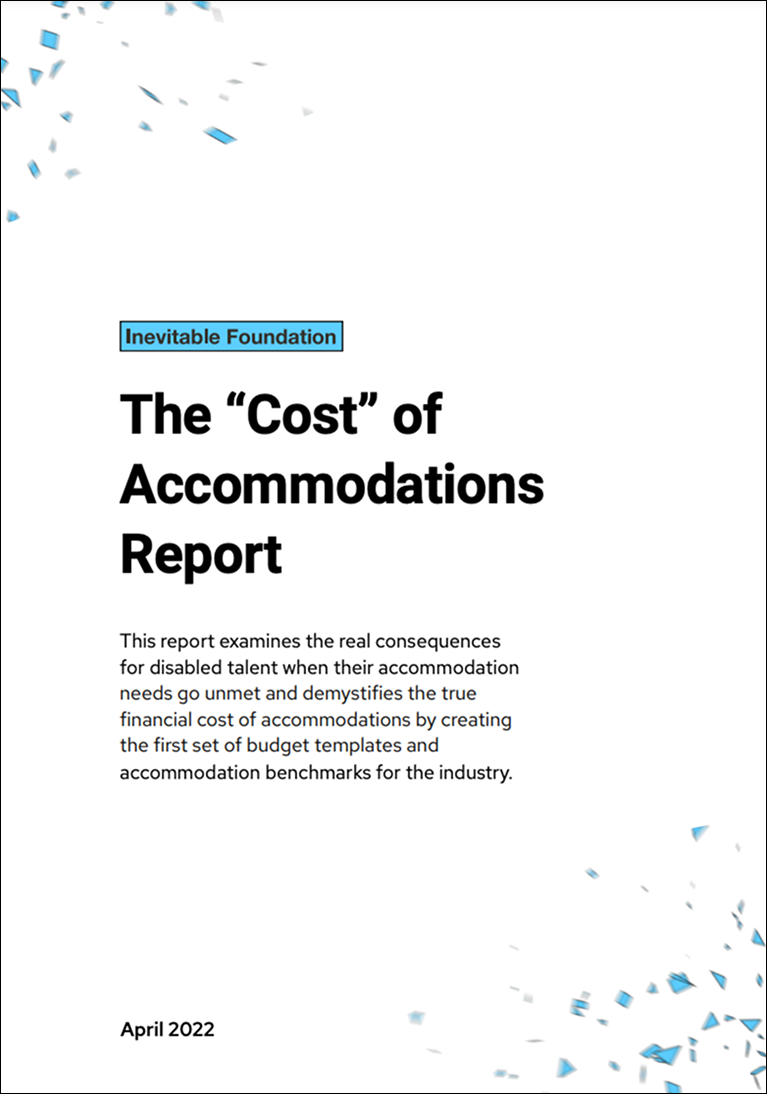 The cover of the Cost of Accommodations report, with a background featuring blue confetti. There is black text and a blue Inevitable Foundation logo.