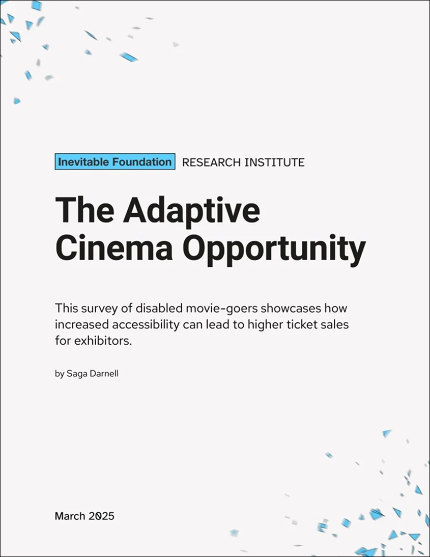 The cover of the Adaptive Cinema Opportunity report, with a background featuring blue confetti. There is black text and a blue Inevitable Foundation logo.