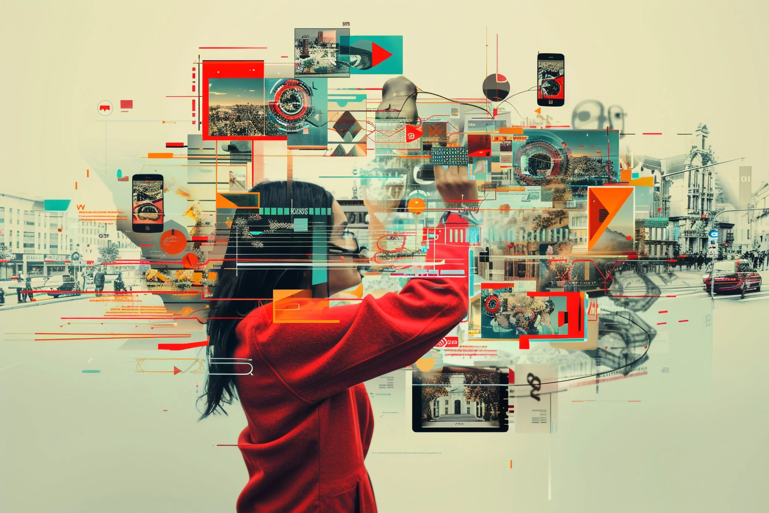 A person in a red sweatshirt looks at a large digital screen with abstract graphics, cityscape images, and electronic devices, with a city street in the background.