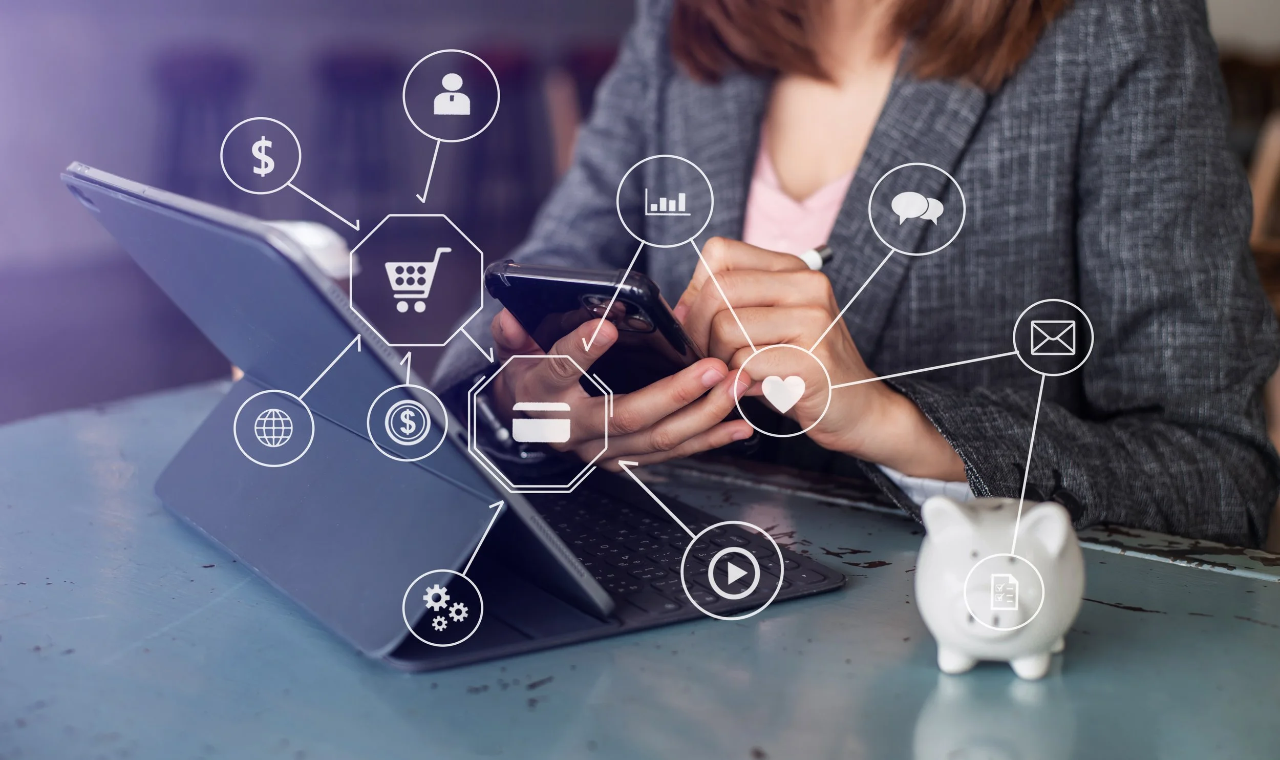 Woman in business attire using a smartphone with digital icons of shopping, finance, communication, and analytics overlaid.