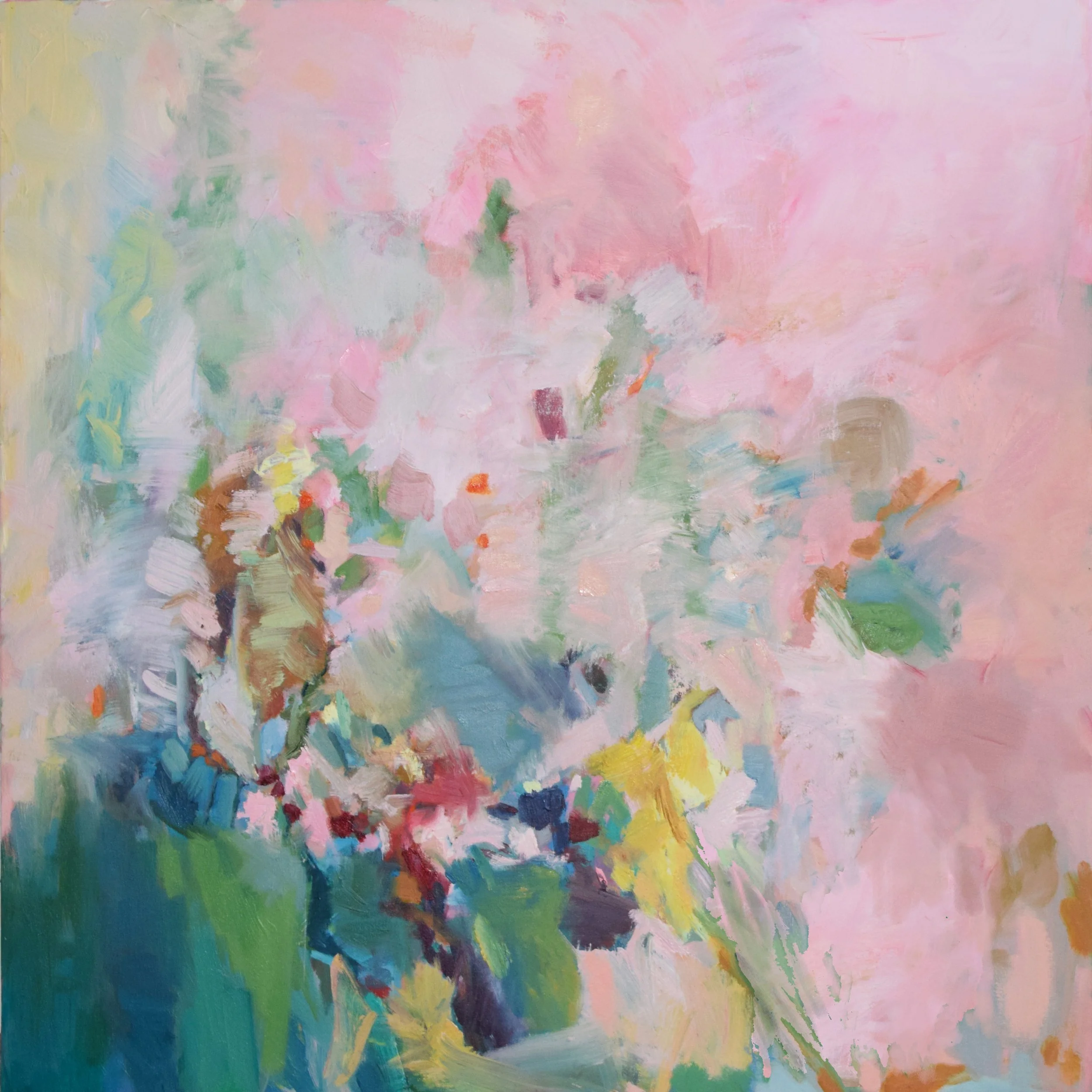 Abstract painting with soft pastel shades of pink, yellow, green, blue, and hints of darker colors, featuring loose brushstrokes and blended colors.