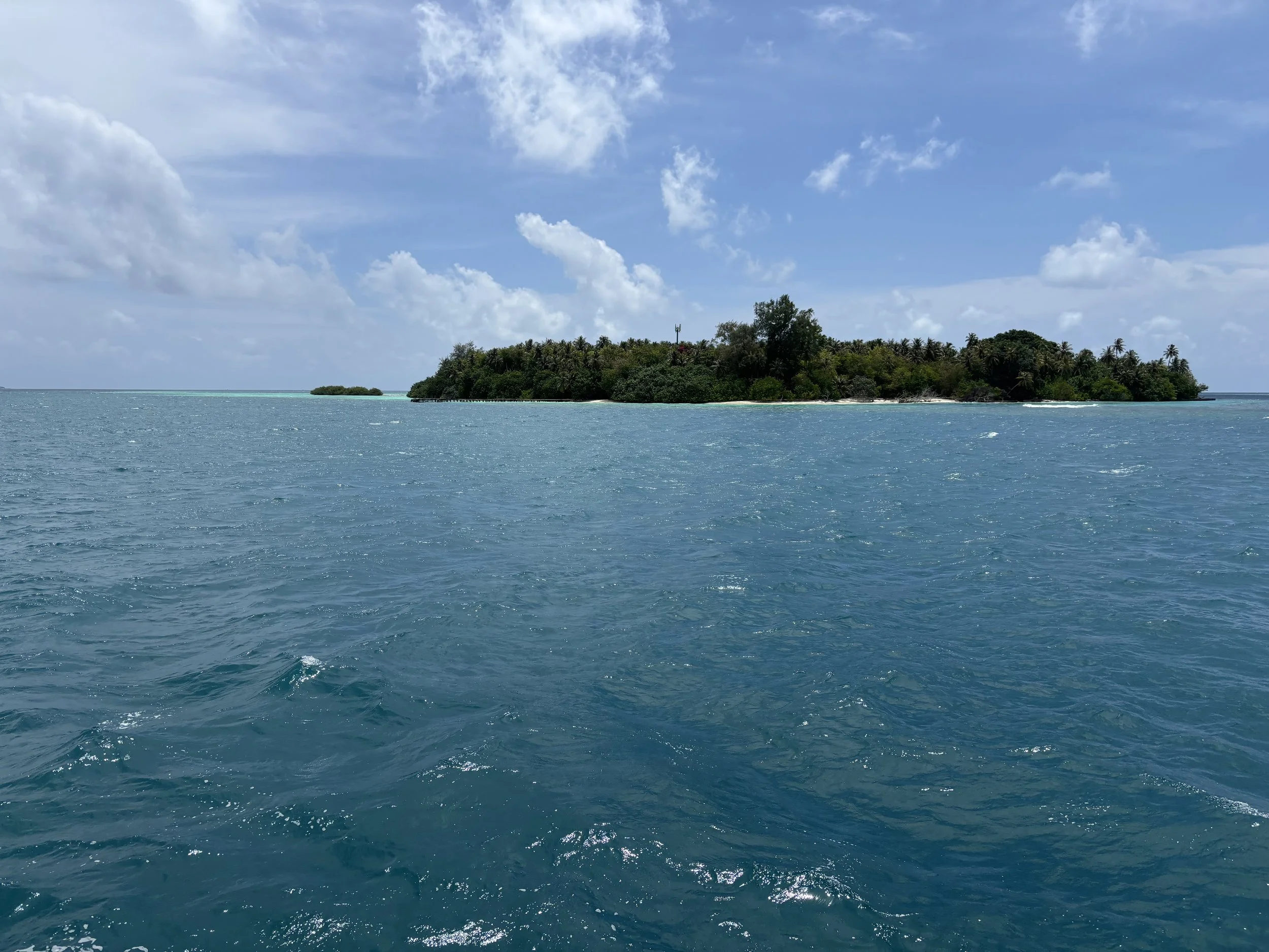 A small island with lush green trees surrounded by blue water and under a partly cloudy sky.