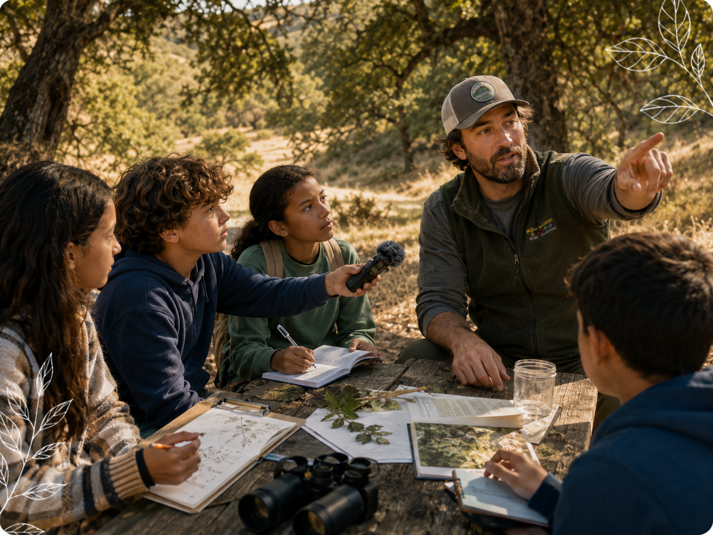 Two young people interviewing a local ecology expert outdoors.