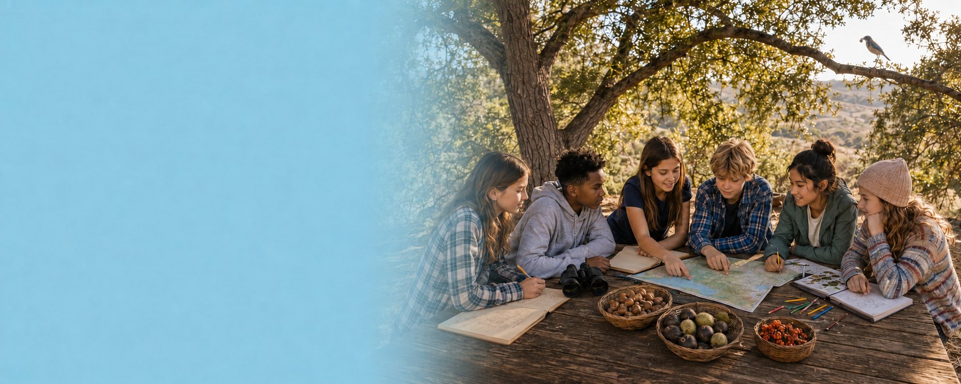 Six middle school students gathered around a map at an outdoor table beneath an oak tree.