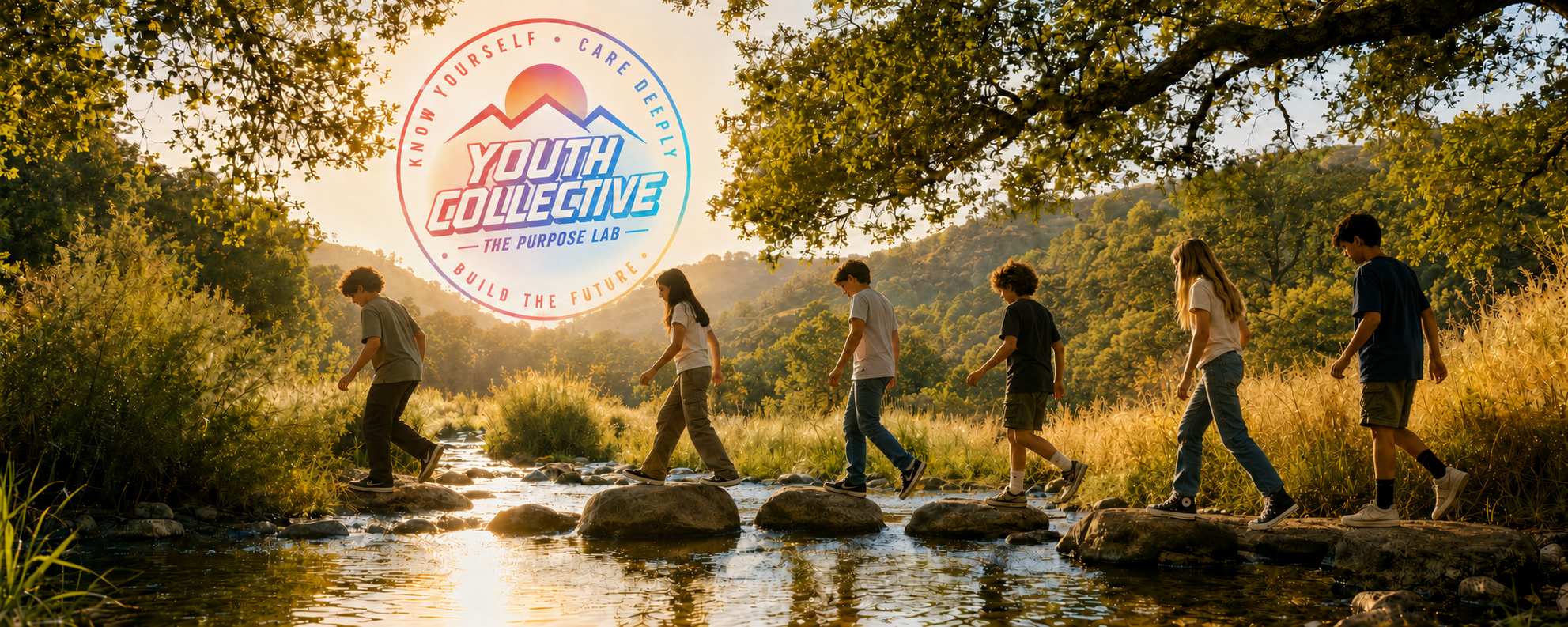 Six young people crossing a shallow creek together beneath oak trees in warm evening light.