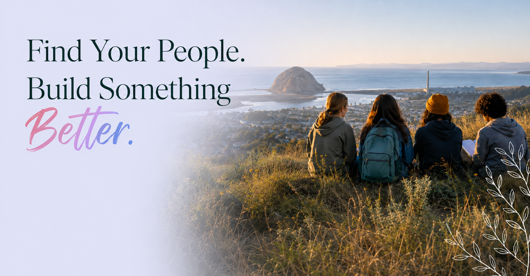 Young people looking across Morro Bay in the warm evening light.