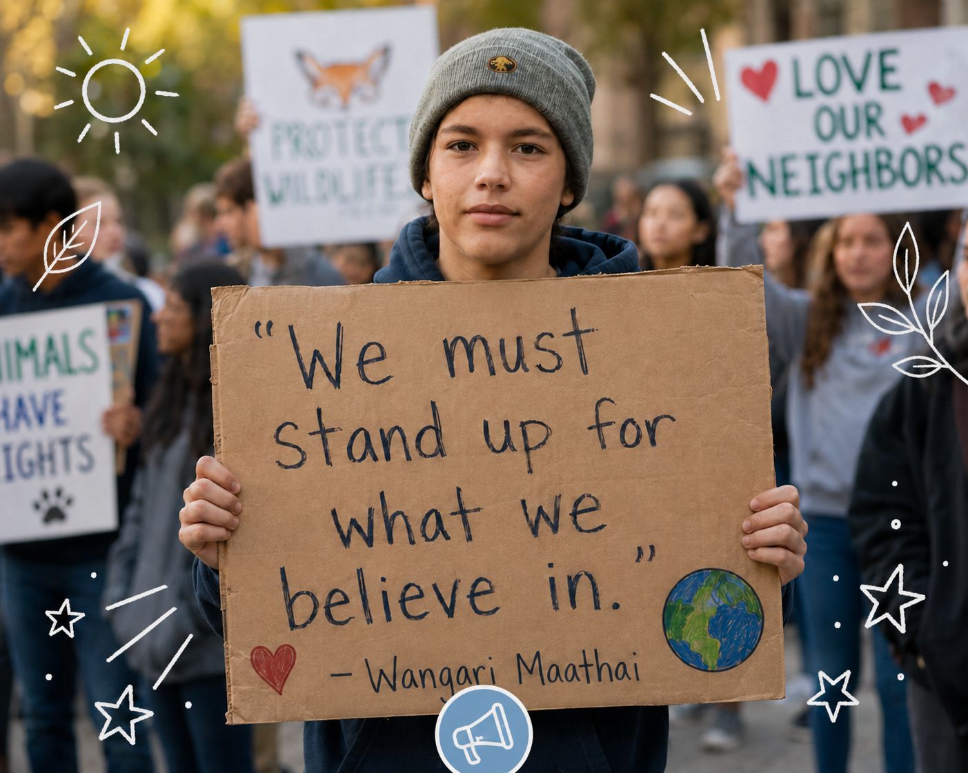 A young person holding a handmade sign about standing up for what matters.