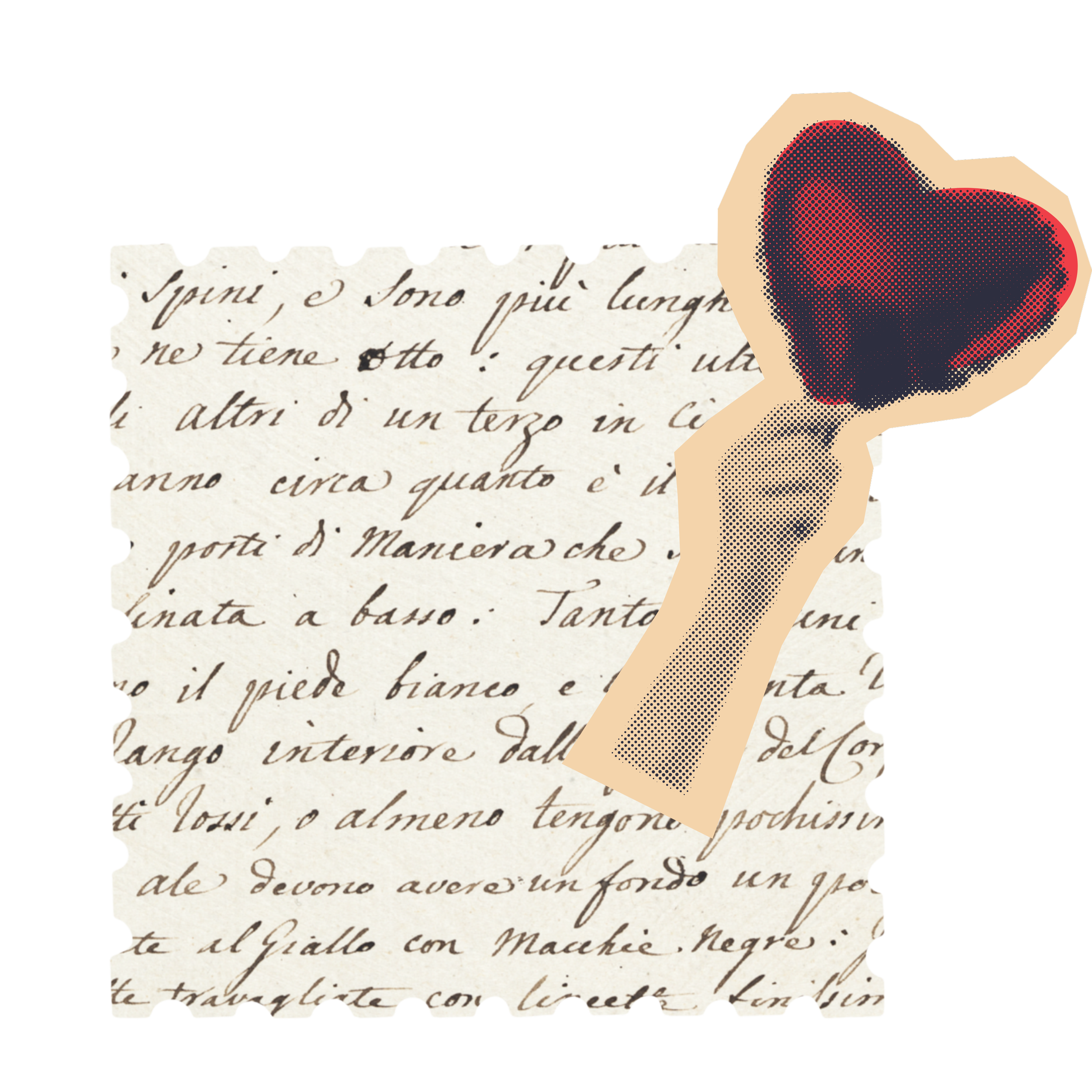 A collage featuring a handwritten letter in Italian and a vintage-style illustration of a hand holding a heart-shaped object.
