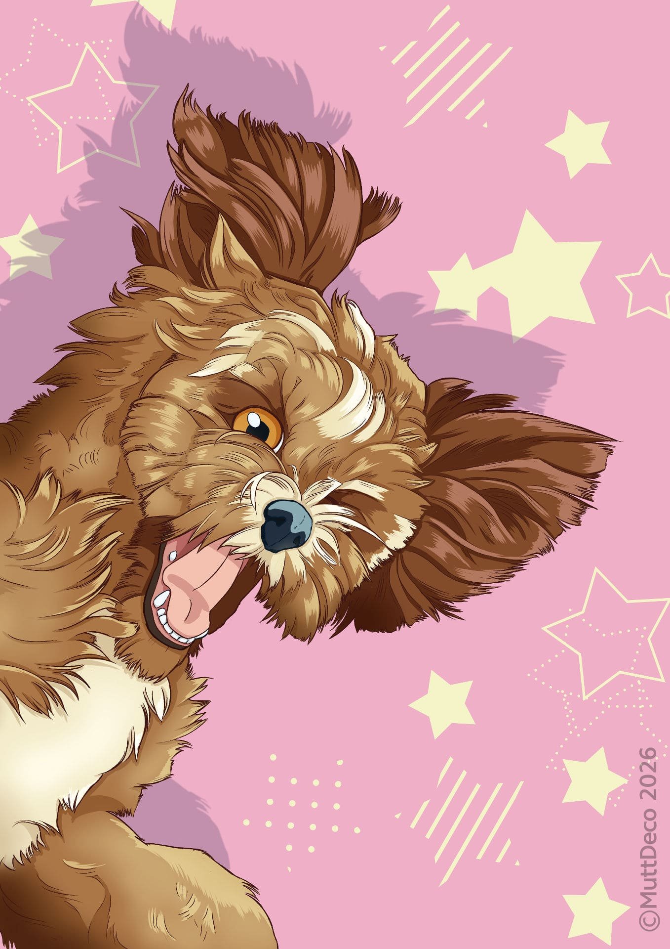Stylised portrait of a Cockapoo with a star patterned background