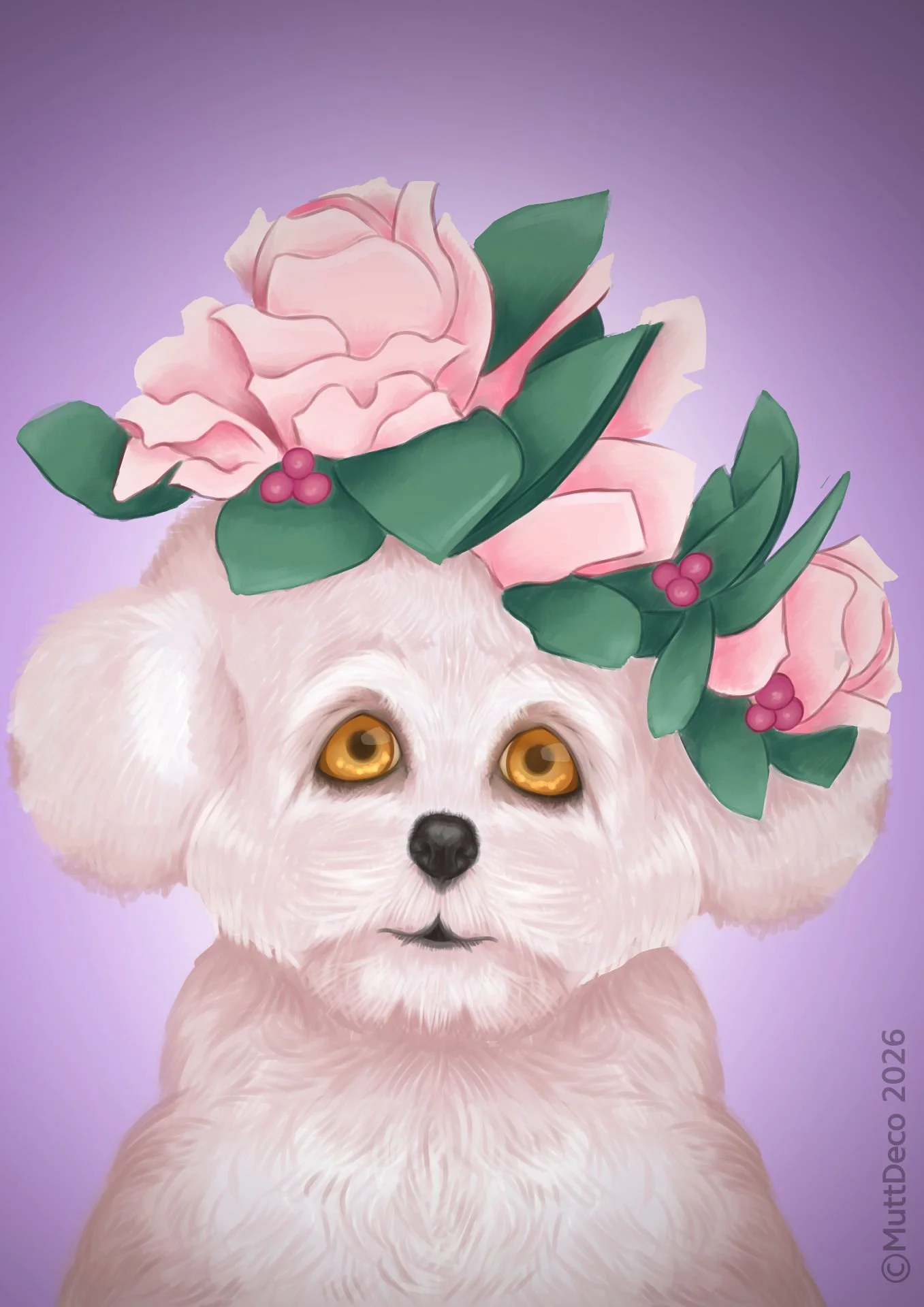 Custom semi-real portrait of a Bichon Frise with flowers and gradient background