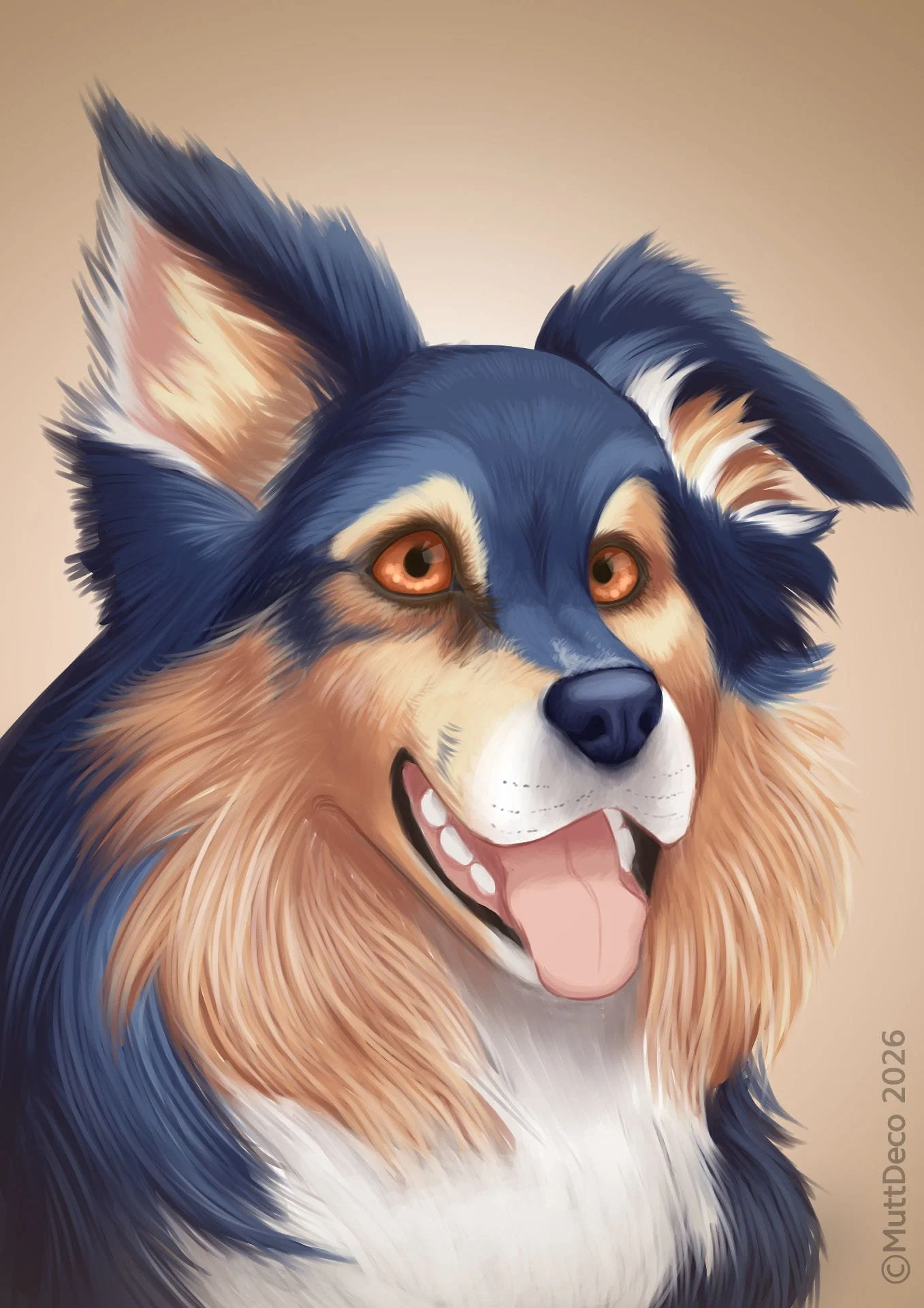 Semi-real portrait of a tri-coloured collie with beige gradient background