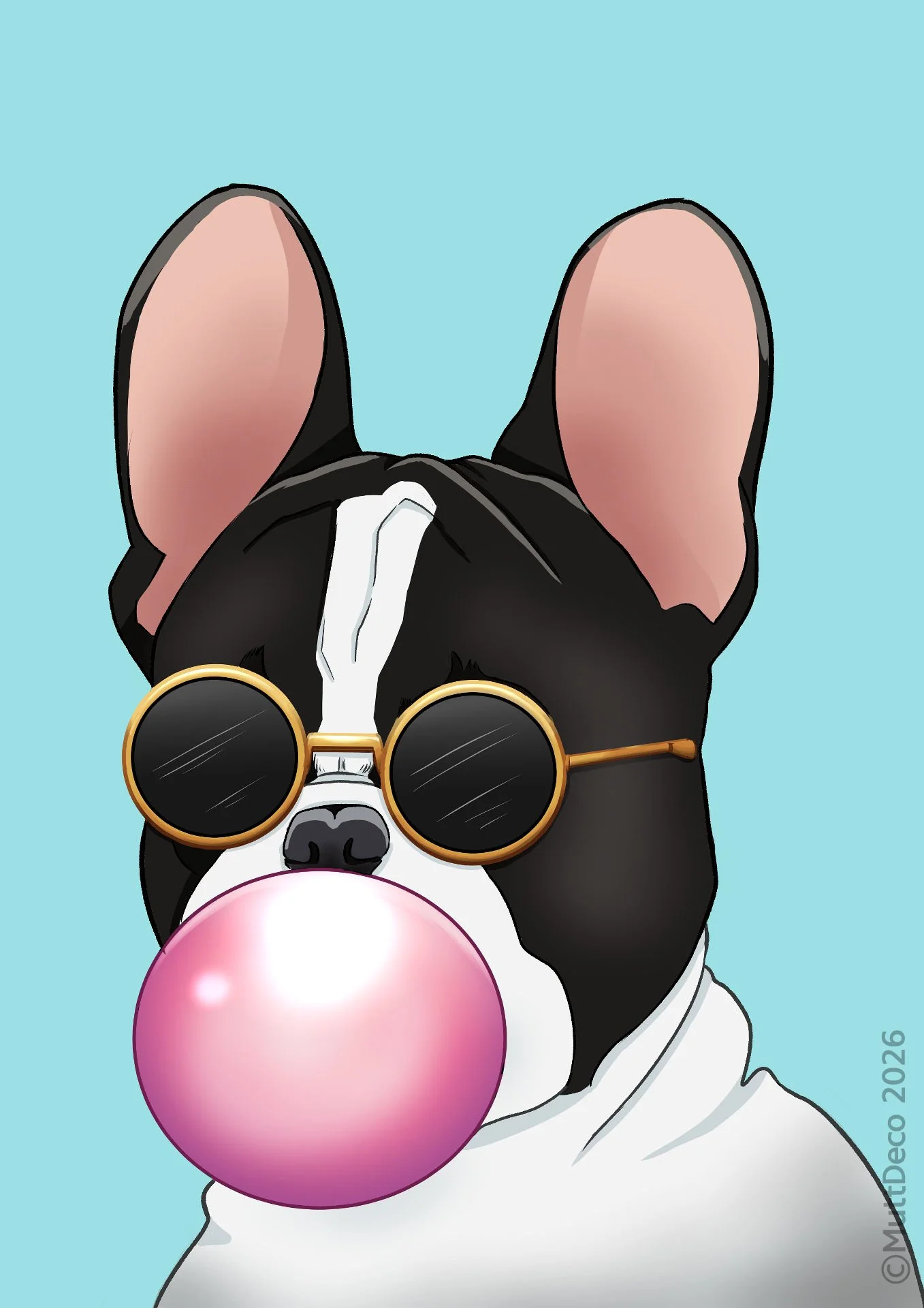 Custom stylised portrait of a french bulldog, wearing gold rimmed sunglasses, blowing bubblegum, with plain blue background