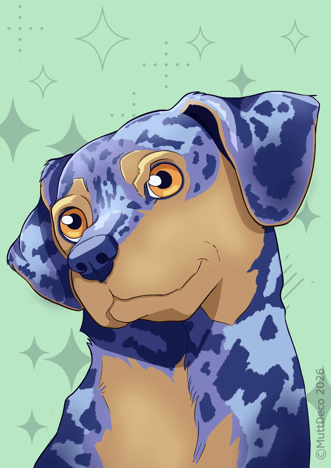 Stylised portrait of a merle Jack Russell with diamond patterned background