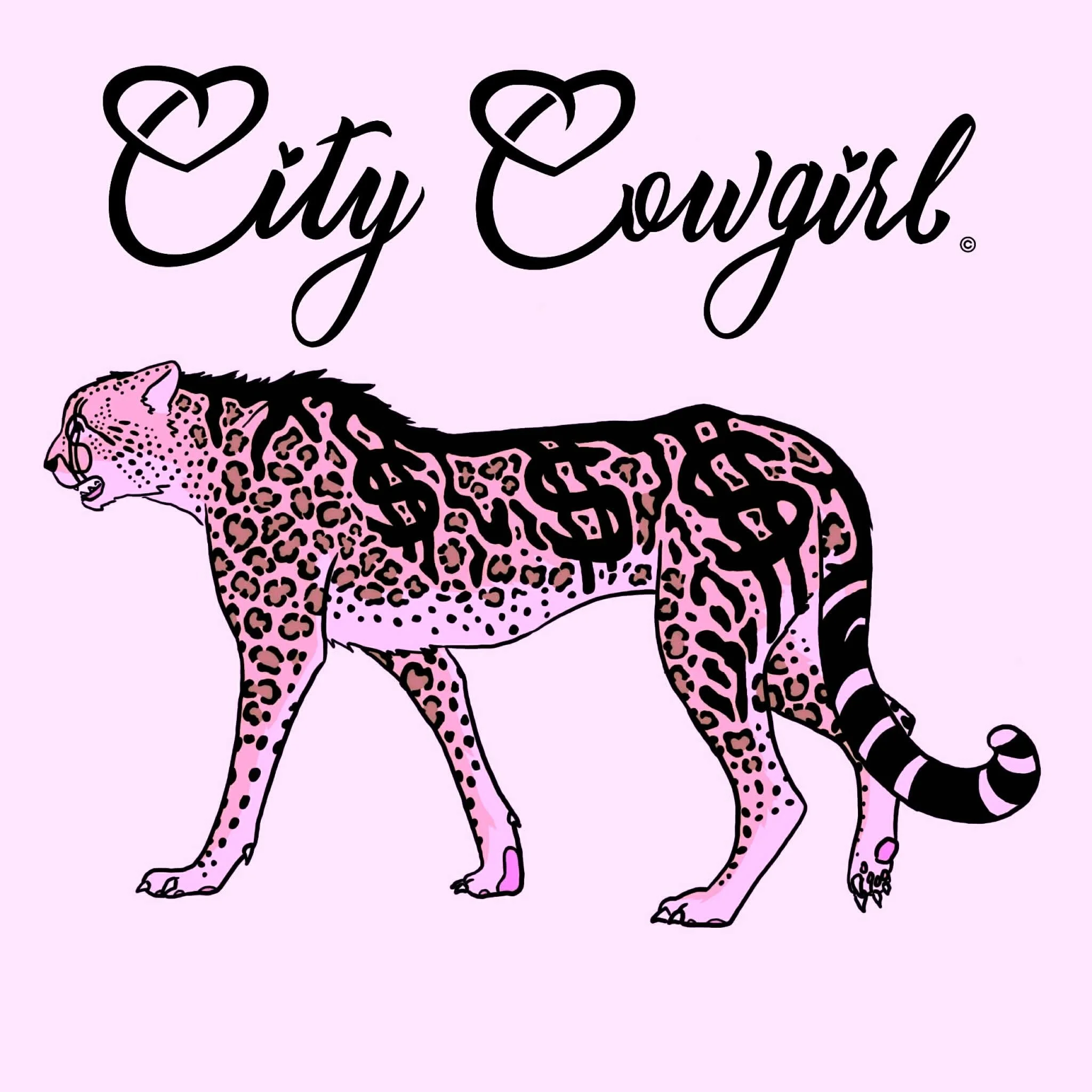 An illustration of a mountain lion with pink leopard spots and tropical jungle leaf patterns, with the text 'City Cowgirl' in black cursive above it, against a pastel pink background.