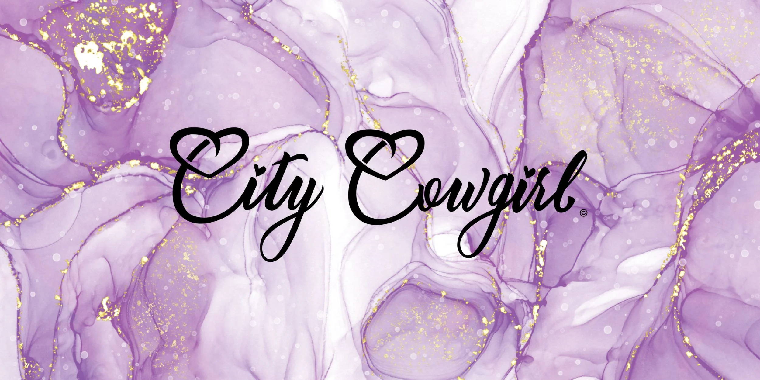 Purple marble background with gold accents and the text "City Cowgirl" in black cursive with heart accents.