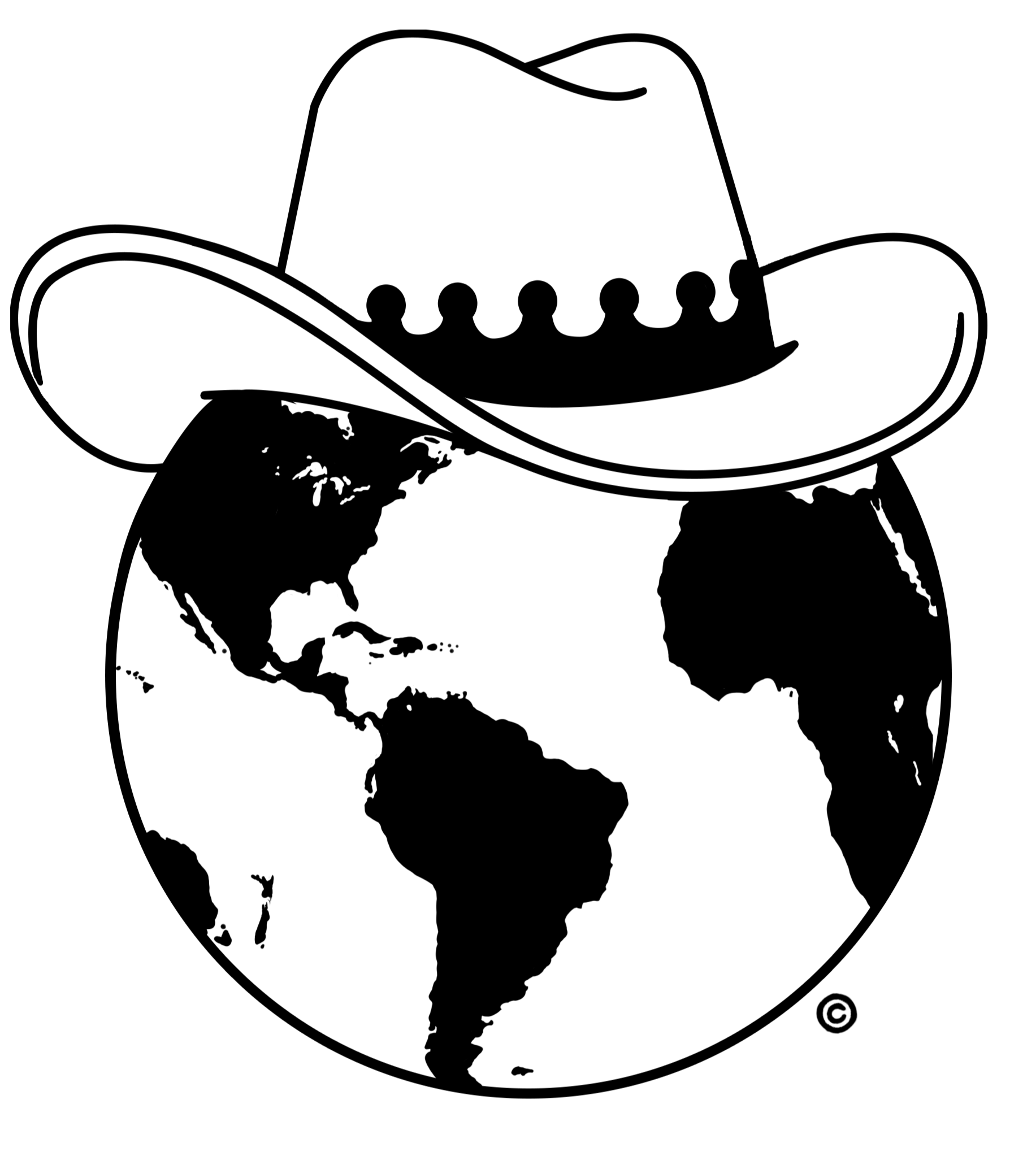 Black and white illustration of the Earth with a cowboy hat on top.