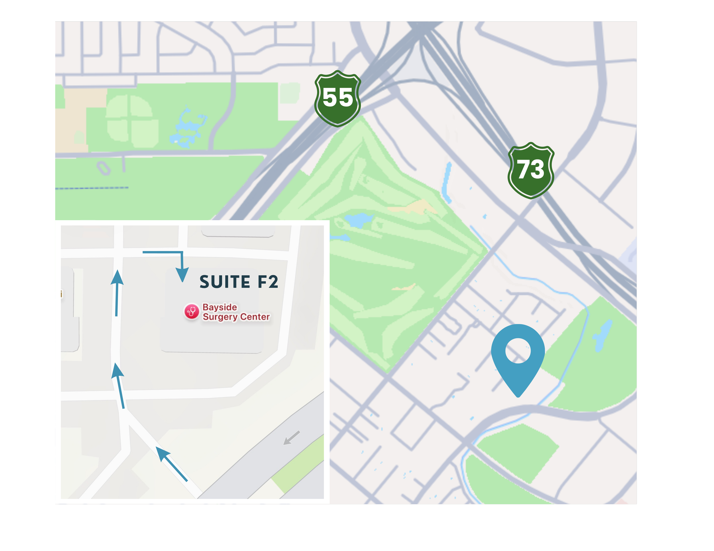 Map showing the location of Bayside Surgery Center at Suite F2, with arrows indicating the entrance route and nearby 55 and 73 freeways.