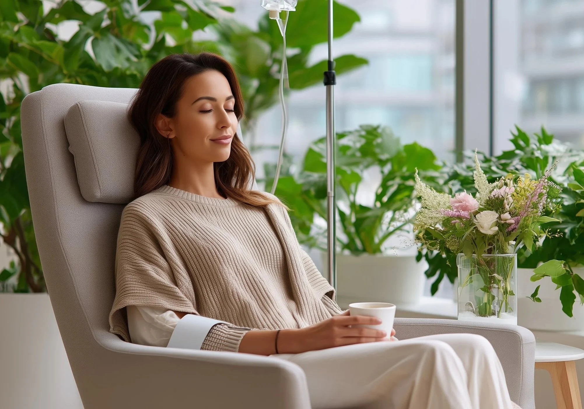 A woman with brown hair and a beige sweater sitting peacefully in a comfortable chair with a floral bouquet nearby, receiving an IV infusion in a cozy, well-lit room with large windows and lush green plants.