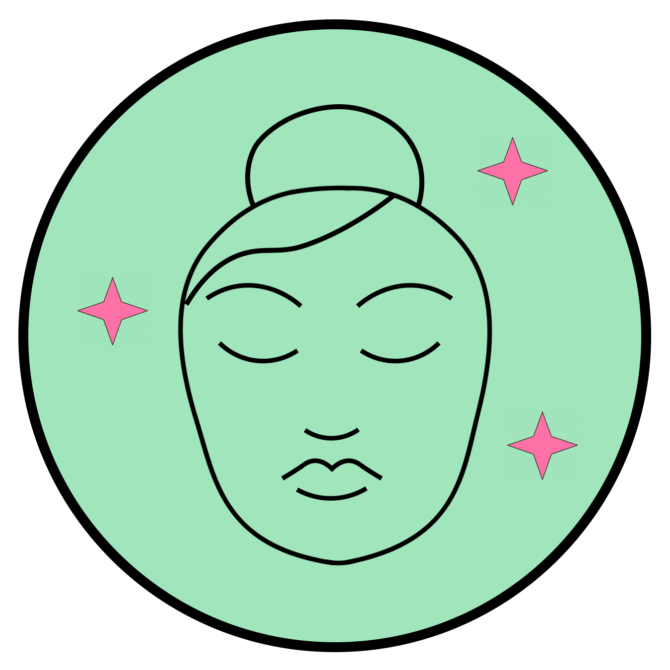 Line art illustration of a woman with her hair in a bun, eyes closed, and a gentle smile, surrounded by a green circle and pink sparkling stars.
