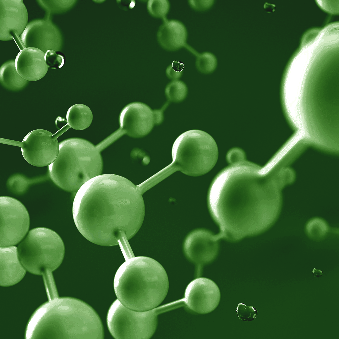 A digital illustration of green molecular structures, depicting atoms connected by bonds, floating in a green background.