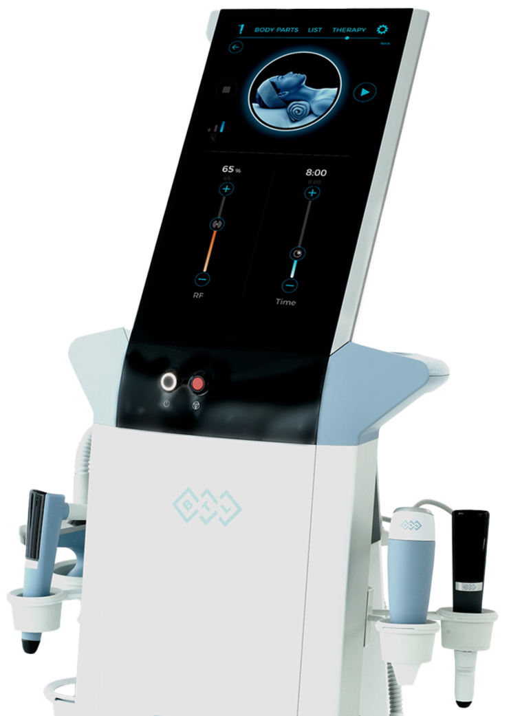 Medical device named BTL Exion with a touchscreen displaying therapy settings, body parts, and timers, accompanied by smaller attached tools and containers.