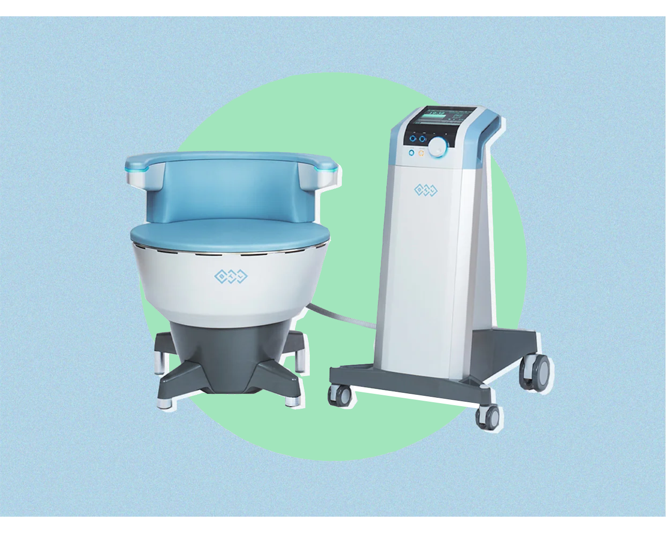 Medical equipment, including a blue medical chair called the EMSELLA and a white medical device on wheels, set against a pastel background.