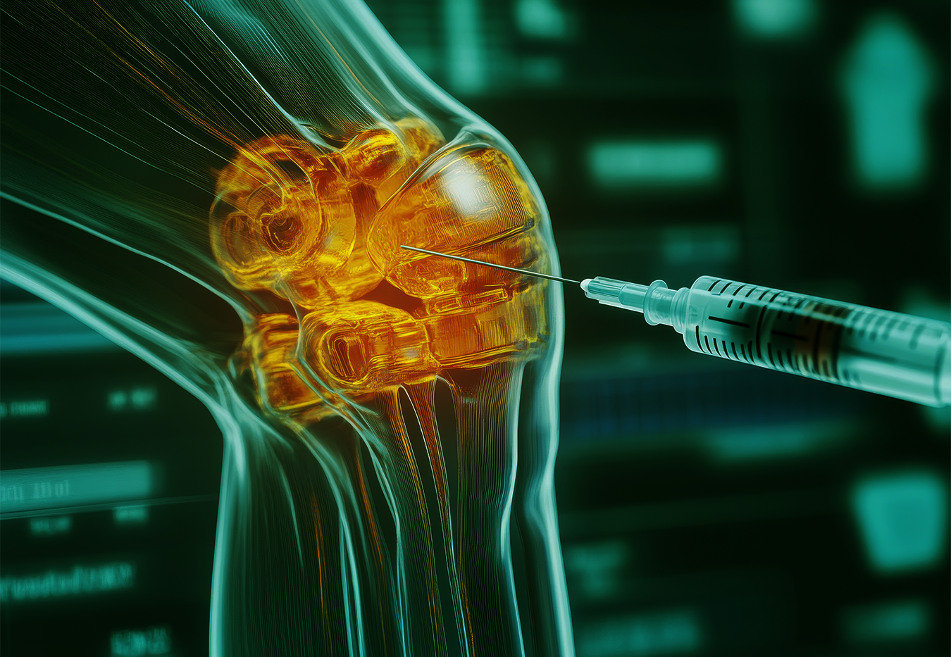 A digital illustration of a syringe injecting into a transparent human knee joint with glowing bones and tissues.