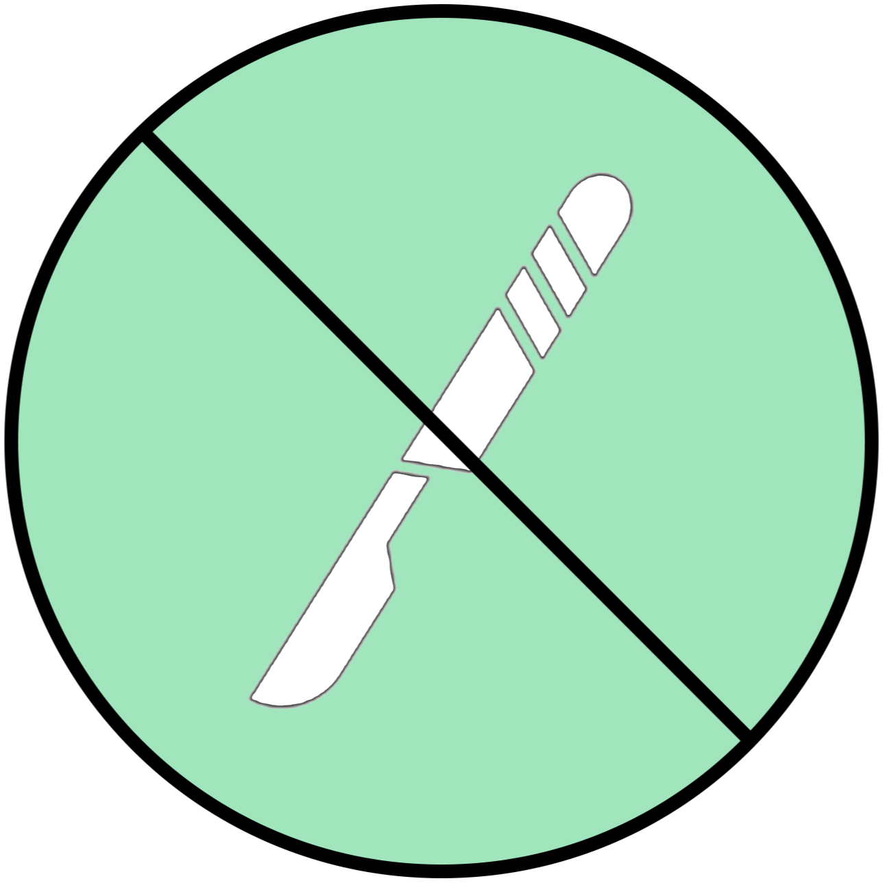 A circular sign indicating no incisions, with a green background and a white razor with a diagonal line across it.