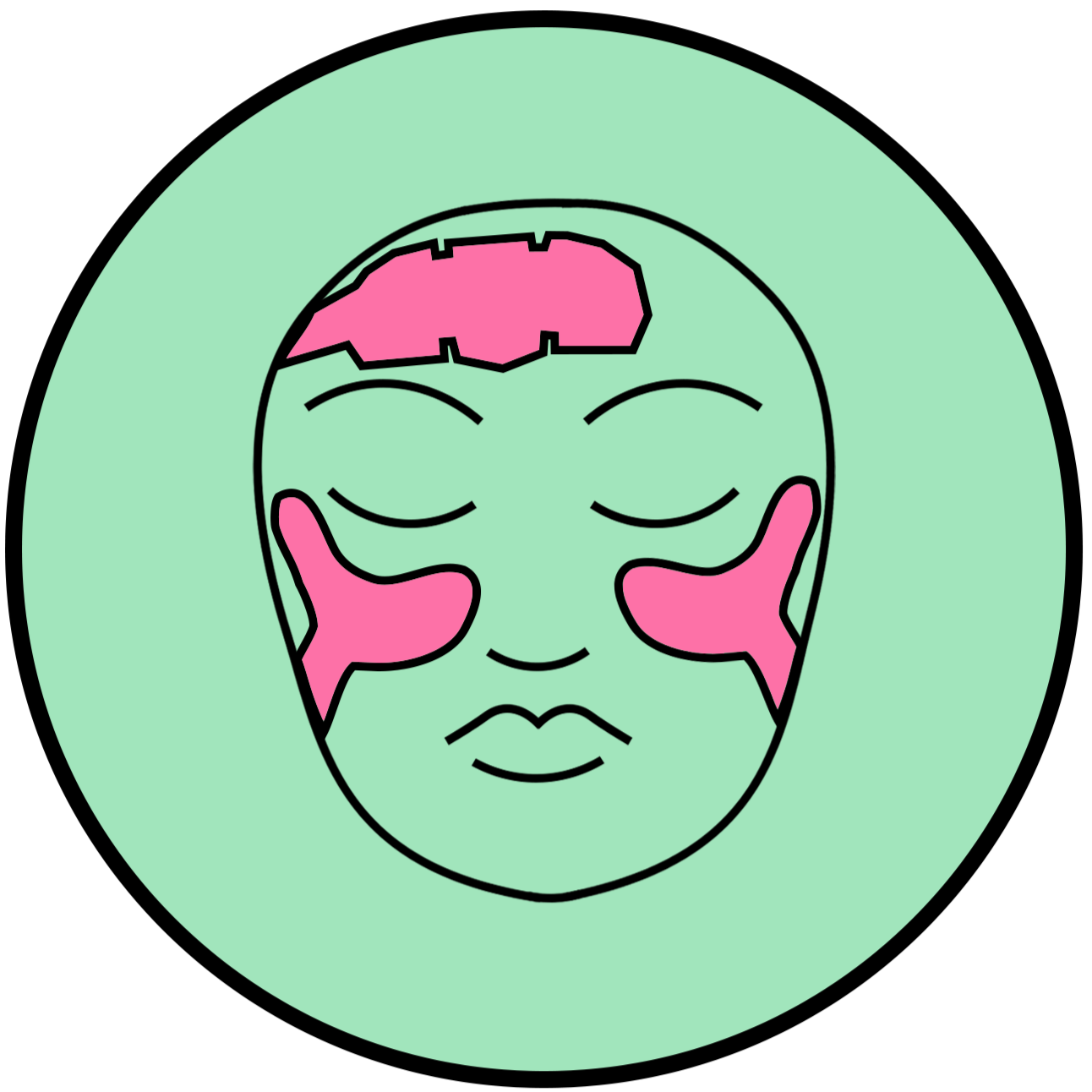 Illustration of a person with patches on the cheeks and forehead, with eyes closed in a relaxing expression.