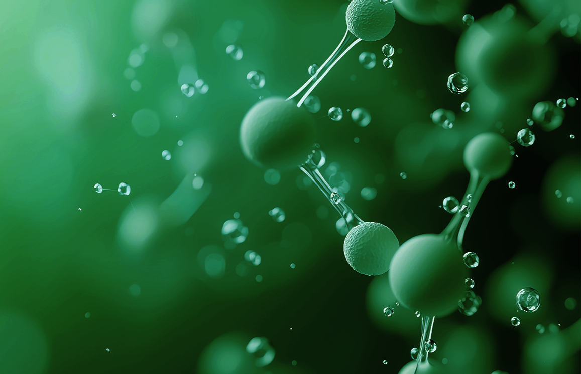 Close-up illustration of molecules with green background and water droplets.