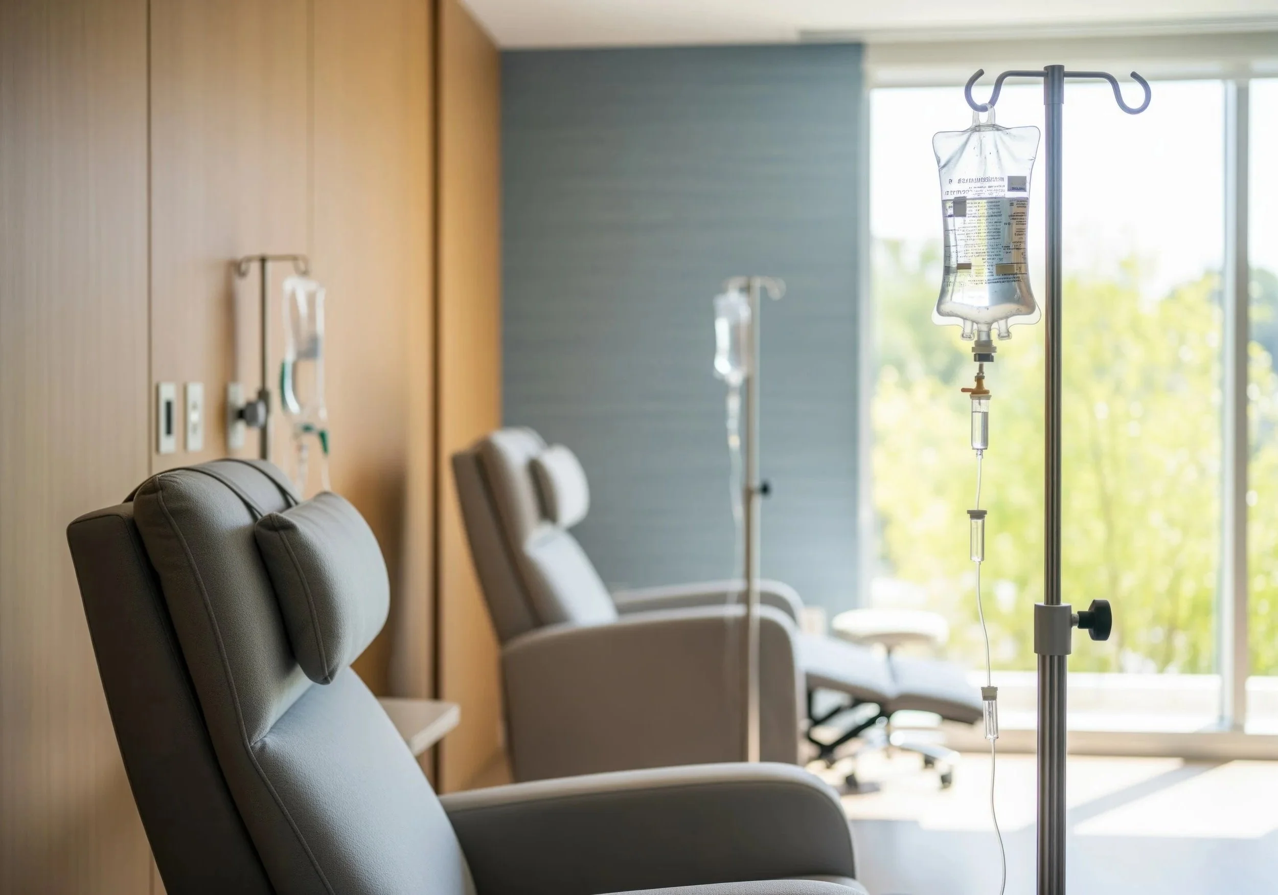 Hospital room with medical chairs, IV stands, and a IV bag hanging, with large windows letting in natural light.