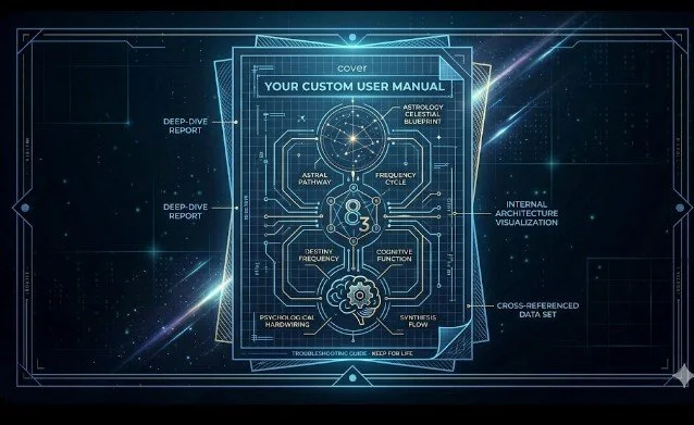 Futuristic digital interface displaying a manual titled 'Your Custom User Manual' with astrological and neurological diagrams, data sets, and visualizations on a space-themed background.