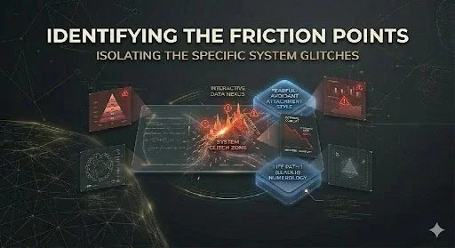 A digital infographic titled 'Identifying the Friction Points' about isolating system glitches, showing interconnected data points, glitch zones, and system fault analysis.