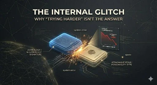 Diagram illustrating an internal glitch in technology, showing a damaged computer chip with sparks and labels indicating system error, astrology signature, attachment style, and performance decline.