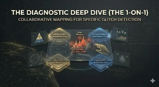 Diagram titled "The Diagnostic Deep Dive (The 1-On-1)" showing collaborative mapping process for specific glitch detection with elements related to astrology, astronomy, personality, and system glitch zones.
