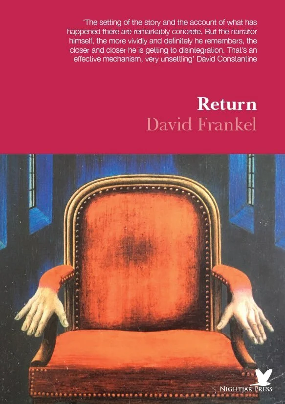 A book cover with a pink top section containing a quote and the title 'Return' by David Frankel. The lower section features an illustration of an orange armchair with armrests shaped like human hands, set against a dark background with blue window-like shapes.