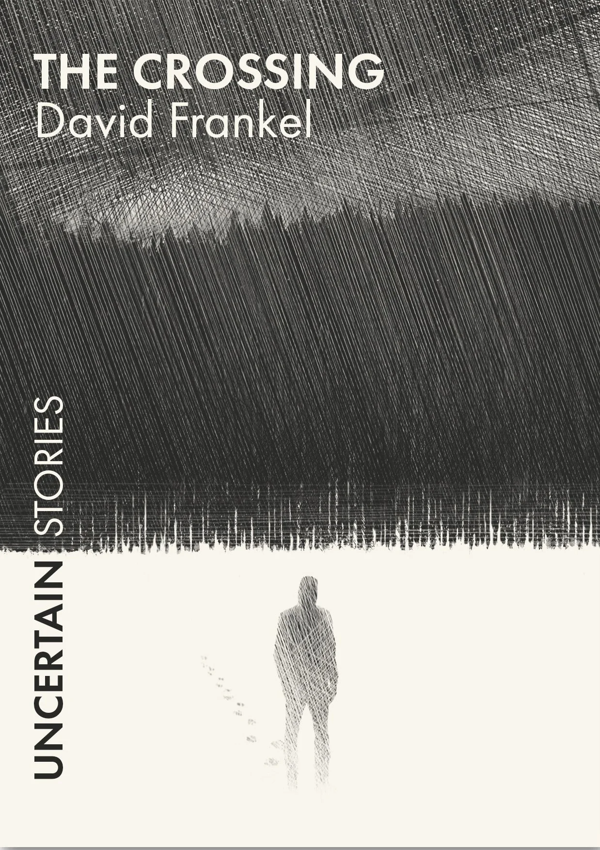 Book cover of 'The Crossing' by David Frankel, featuring a silhouette of a person walking towards a dark, abstract background with diagonal lines.