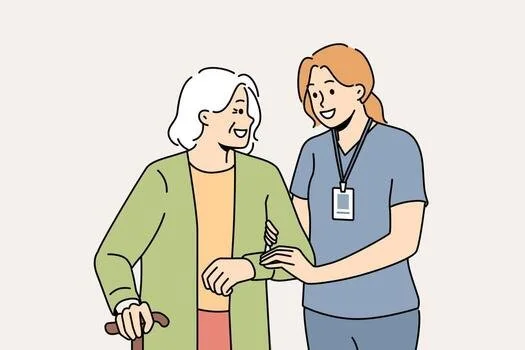A nurse assisting an elderly woman with her walk, holding her arm and smiling.