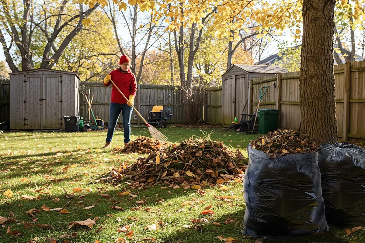 A person raking fallen leaves into piles in a backyard with trees, a wooden fence, and garden tools.