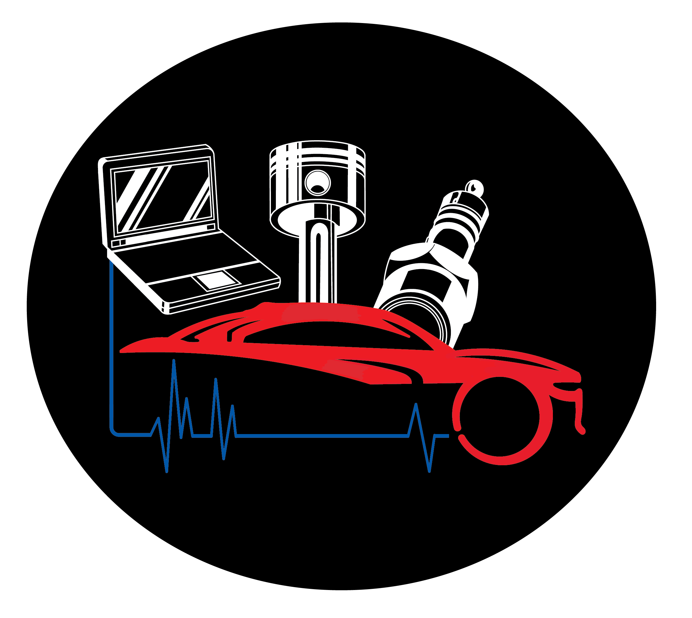 Illustration of a laptop, a piston, a microscope, a red car, and a cardiogram line on a black background.
