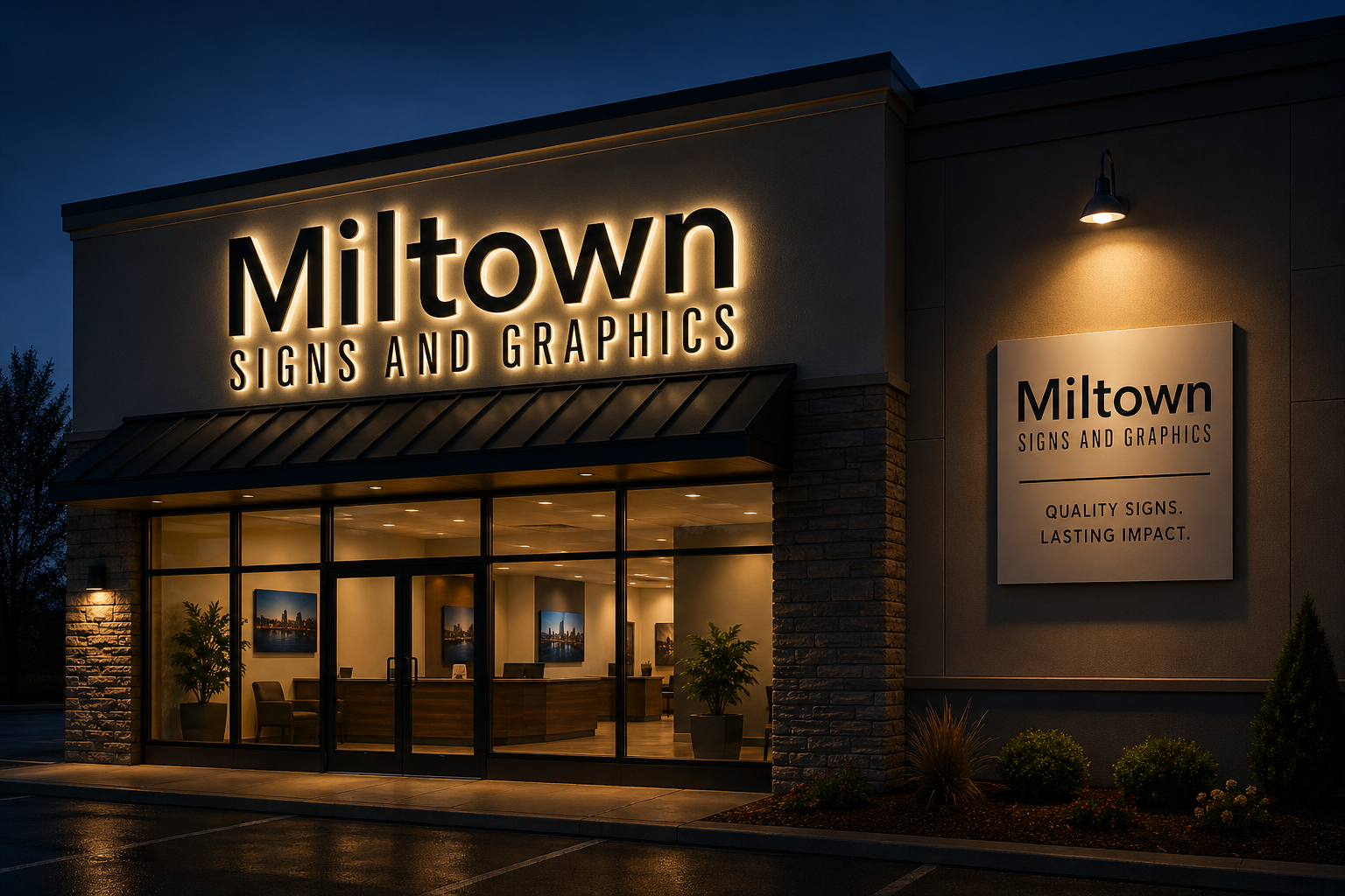 Exterior of a store named MileTown Signs and Graphics illuminated at night, with large signage and showroom windows showing interior displays.
