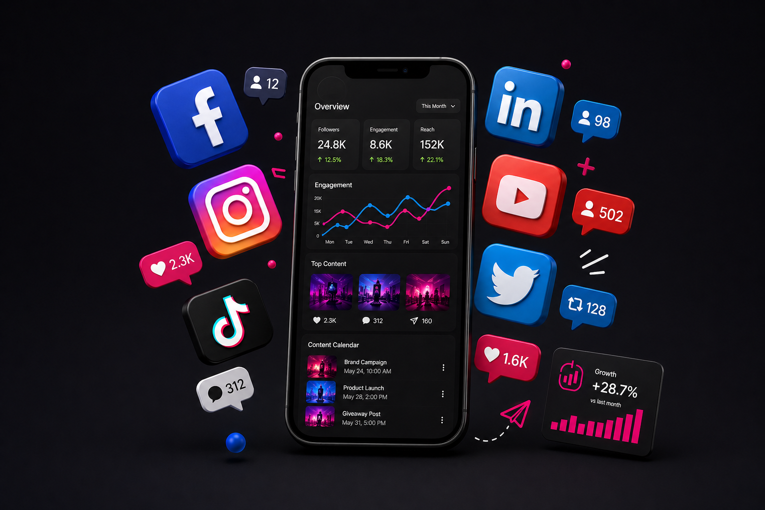 Digital illustration of social media analytics on a smartphone screen surrounded by floating social media icons including Facebook, Instagram, TikTok, Twitter, LinkedIn, YouTube, and engagement metrics like likes, comments, followers, and shares.