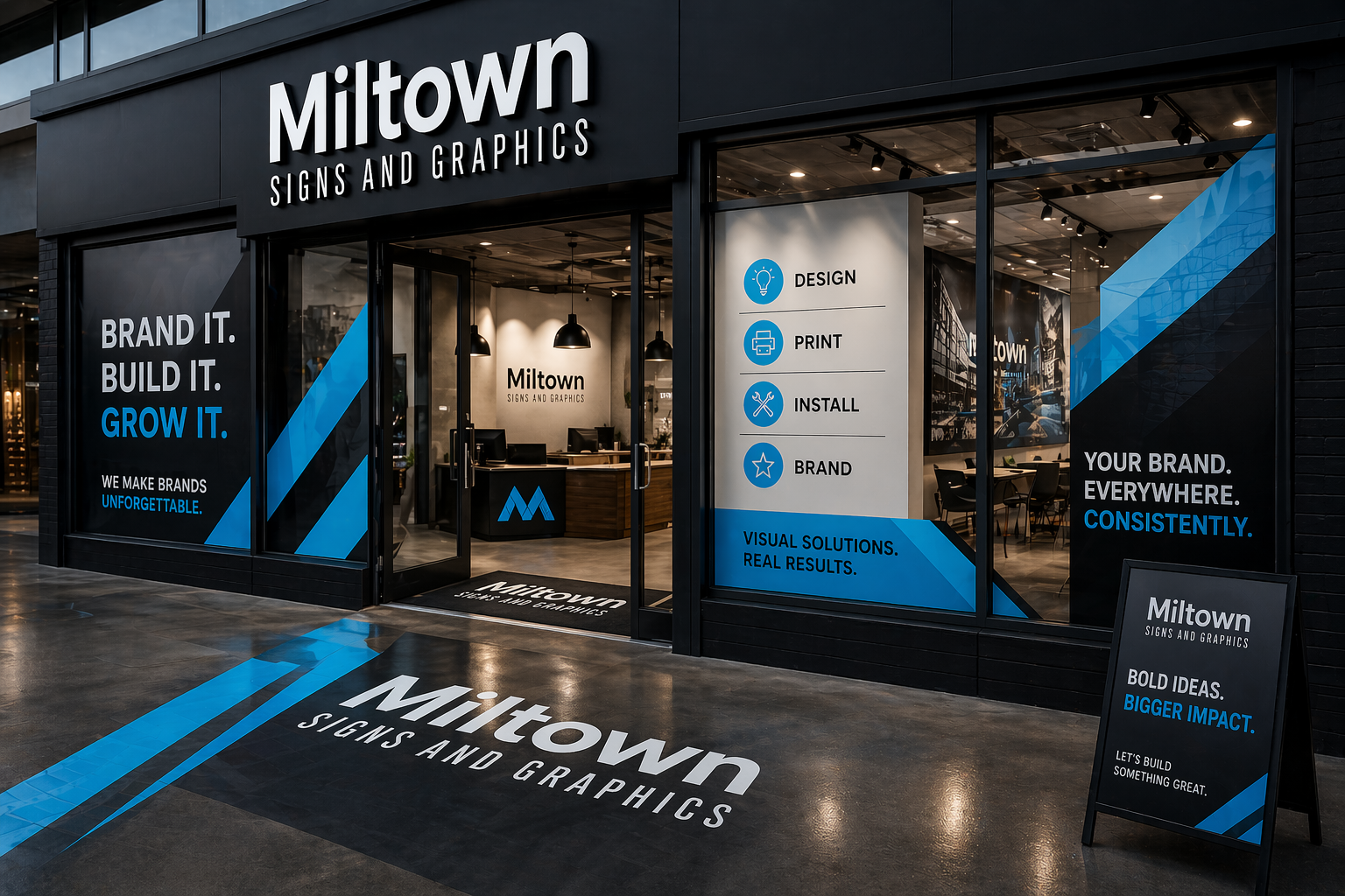 storefront of 'Miltown Signs and Graphics' with signage promoting branding services, with text on windows and floor highlighting services like design, print, install, and branding in black, white, and blue.